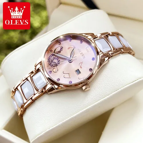 Vista 2 de OLEVS Relojes para mujer oro rosa de dos tonos de moda de cerámica blanco esfera rosa roja acero inoxidable fecha impermeable