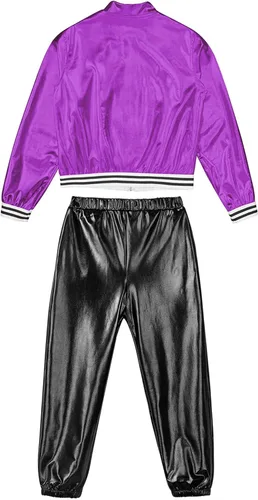 Vista 6 de YiZYiF Conjunto de ropa de baile para niños y niñas, disfraz de hip hop, jazz, chaqueta bomber metálica brillante con pantalones de cintura alta