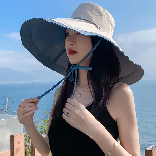 Vista 6 de Sombrero de sol de ala súper ancha para mujer, de algodón, plegable, reversible, con borde con cable, protección UV, verano, playa, viajes, jardín