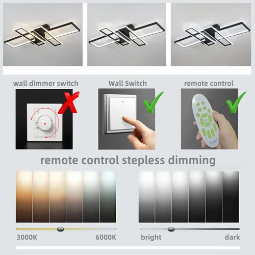Vista 9 de SMG Moderna lámpara de techo LED para dormitorio, lámpara LED regulable de 35 pulgadas, lámpara de techo de diseño cuadrado de montaje empotrado