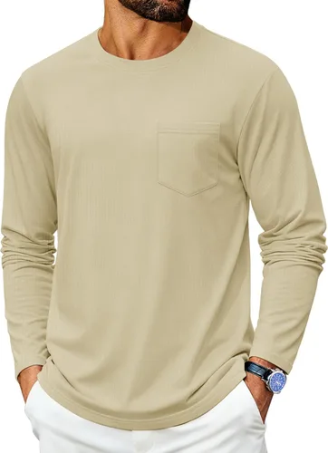Vista 20 de Cotrasen Camisetas de manga larga para hombre de algodón con cuello redondo, camisetas T con bolsillo que absorben la humedad, suaves, cómodas