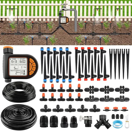 Vista 8 de Kalolary - Kit de riego por goteo automático de 150 pies con rociador de césped, sistema de riego de jardín de 1/4 pulgadas y 1/2 pulgadas con tubo