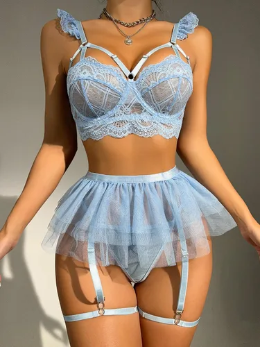 Vista 5 de OYOANGLE Conjunto de lencería de encaje floral de 5 piezas para mujer, conjunto de lencería de malla con aros exóticos, trajes de cosplay