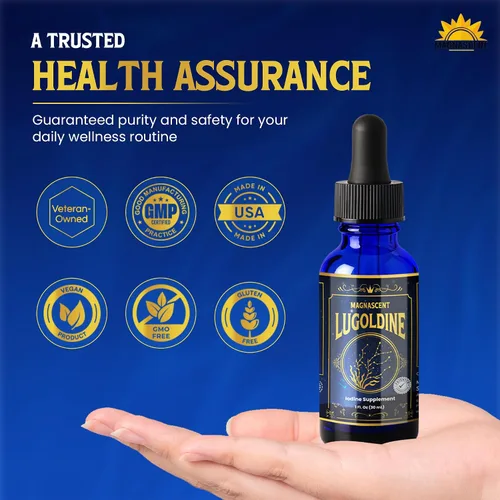 Vista 5 de Lugoldina 150 mcg iodine per drop; alcohol-free and glycerin-free liquid iodine supplement made in USA.