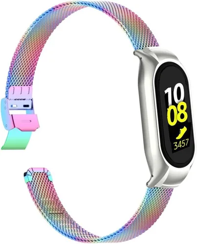 Vista 10 de Correa de reloj de metal compatible con Samsung Galaxy Fit2 SM-R220 de acero inoxidable con marco de bisel protector con diseño de malla