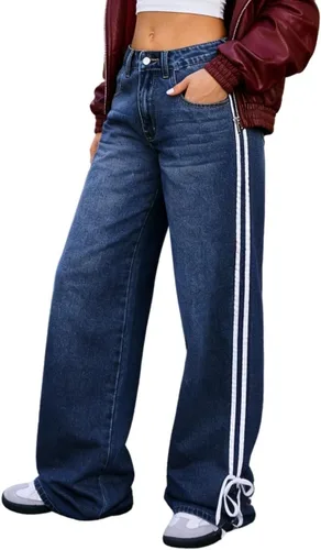 Vista 8 de Pantalones de mezclilla holgados para mujeres y hombres, pantalones de mezclilla de pierna recta, pantalones de mezclilla a rayas de pierna ancha