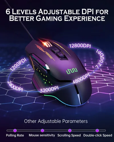 Vista 4 de UHURU WM-07L RGB Mouse con cable para computadora con 7 botones programables, 14 modos de retroiluminación de hasta 12800 DPI para jugadores