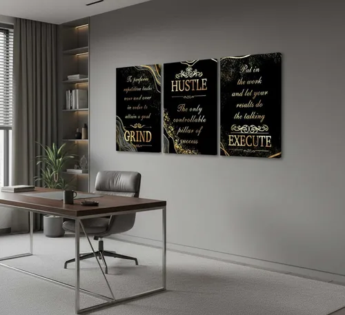 Vista 4 de 3 piezas de lienzo inspirador de oro negro para oficina, arte de pared, motivacional, moler ajetreo, ejecución, fotos inspiradoras, decoración