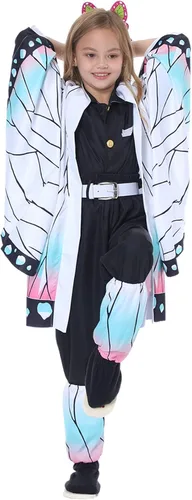 Vista 5 de Disfraz de cosplay morado, conjunto completo de kimono de anime, traje negro, traje completo de Halloween para niños y adultos, talla 110