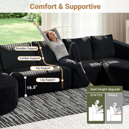 Vista 6 de Sofá modular modular de 144 pulgadas, sofá de nube en forma de U de gran tamaño, color negro No Assembly Required • 22" Deep Memory Foam Seat •