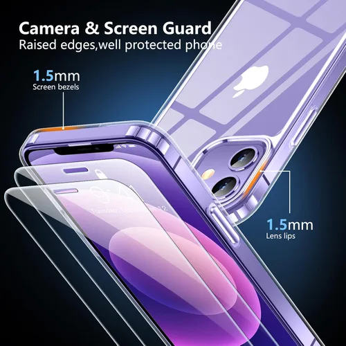 Vista 3 de SPIDERCASE Funda diseñada para iPhone 12/iPhone 12 Pro, transparente, no amarillea, con 2 protectores de pantalla de vidrio templado, funda delgada