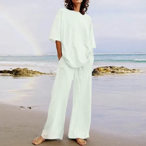 Vista 2 de TIMIFIS Conjuntos de dos piezas para mujer, blusas elegantes de lino de algodón de manga cortalarga, talla grande, pantalones anchos y largos