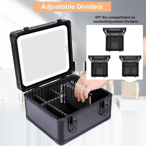 Vista 4 de Estuche de maquillaje con espejo LED, estuche rígido de viaje con espejo iluminado recargable y divisores ajustables, bolsa de almacenamiento