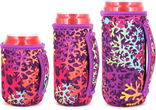 Vista 30 de 3 Pack de fundas aisladas reutilizables de neopreno con asa para soda, bebida energética, refresco, cerveza, seltzer duro, fundas para latas de 12