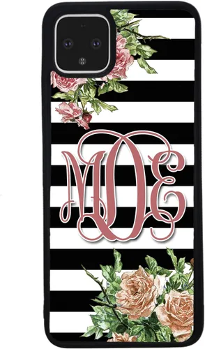 Vista 3 de Funda de goma negra con monograma de barras de flores vintage, compatible con Google Pixel 10, 10 Pro, 10 Pro XL, 9a, 9 Pro, Pixel 9, Pixel 9 Pro