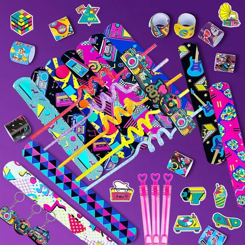Vista 6 de CHSLtmxq 122 PCS Decoraciones de Fiesta de los Años 80, Set de Suministros de Favores de Fiesta Temática de los Años 90, Pulseras Slap y Llaveros