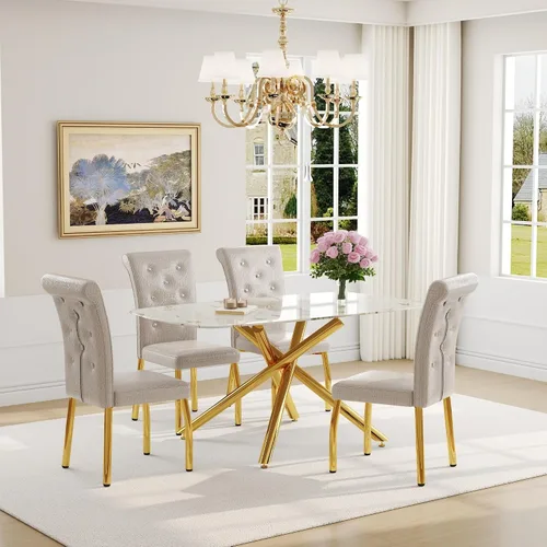 Vista 55 de Juego de mesa de comedor moderna para mesa de comedor negra de 4,63 pulgadas, juego de 4 con patas de metal dorado, mesa de cocina rectangular