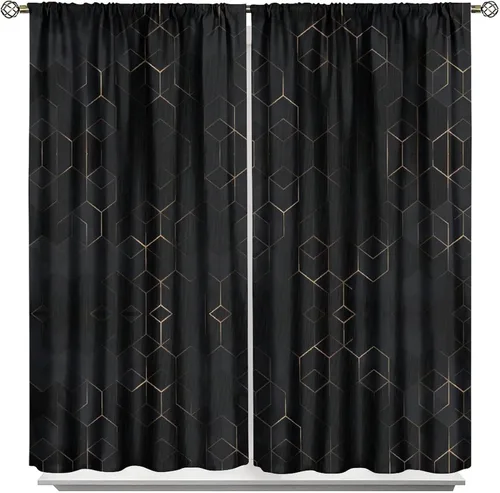 Vista 121 de Cortinas Negras con Dobladillo Dorado, Cortinas Opacas con Bolsillo para Barra con Estampado de Rayas de Foil en Onda Dorada para Decoración de Negro
