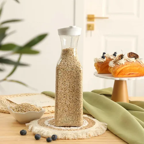 Vista 4 de 3 piezas Jarra de agua de plástico de 32 oz con tapa abatible, contenedores de jugo de base cuadrada, jarra de suministros para bar de mimosa