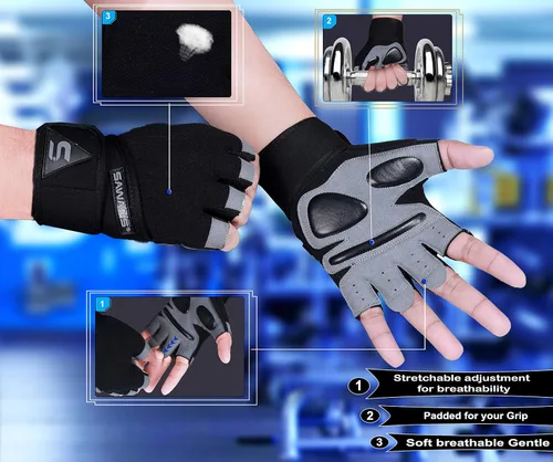 Vista 2 de SAWANS Guantes de entrenamiento de fitness, guantes de levantamiento de pesas para hombres y mujeres, transpirables, soporte de muñeca