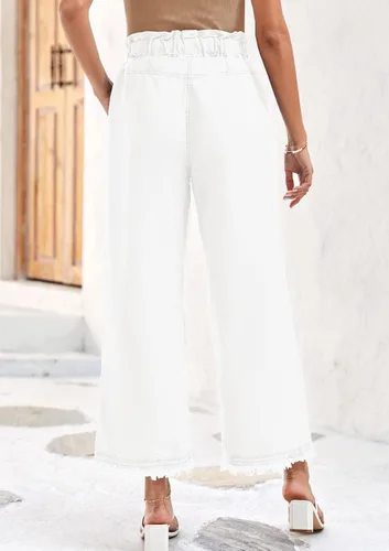 Vista 3 de Valphsio Pantalones de mezclilla holgados de pierna ancha para mujer, cintura con lazo en la cintura, culottes de cambray, pantalones con borlas