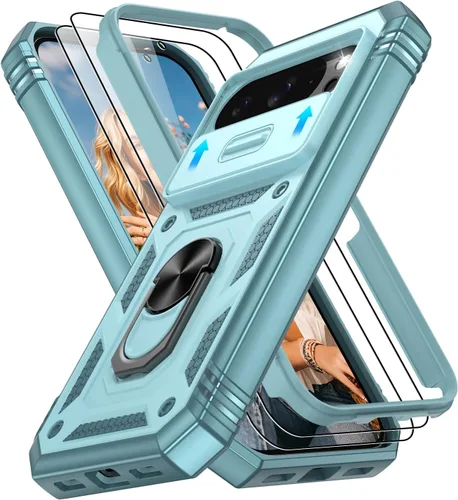 Vista 58 de Gritup Funda para Google Pixel 6 con cubierta deslizante para cámara y protector de pantalla (2 unidades), soporte de anillo giratorio 360°, funda