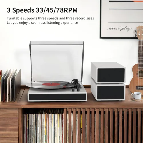Vista 7 de Tocadiscos de vinilo con 2 altavoces estéreo externos, giradiscos con transmisión por correa y soporte Bluetooth, 3 velocidades, salida RCA