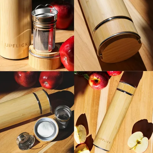 Vista 4 de Botella de agua de bambú aislada para hombres, regalo de cumpleaños, juego de té de viaje para mujeres con difusor para hojas de té sueltas, regalo