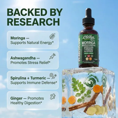 Vista 3 de Clean Nutra Moringa Suplemento Gotas Ashwagandha Spirulina Chlorella Cúrcuma y Jengibre Líquido Cebada Hierba con Clorofila Algas Azul Verde
