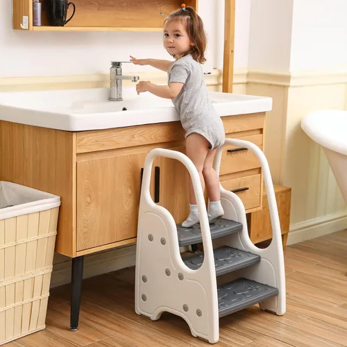 Vista 4 de Taburete para niños pequeños para lavabo de baño, taburete ajustable de 3 pasos para niños, torre de pie de cocina, taburete de aprendizaje