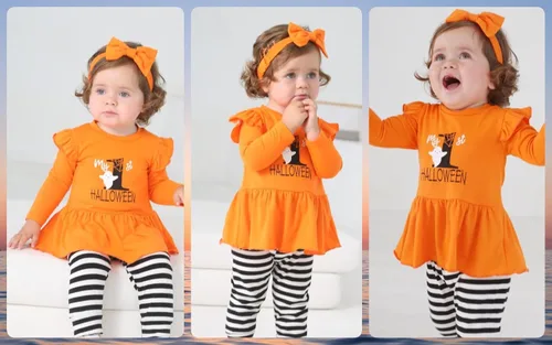 Vista 4 de Noubeau My 1st Halloween Baby Girl Outfits Ruffle Pumpkin Print Túnica Drees Camisa Pantalones Rayas Legging Otoño Invierno Ropa