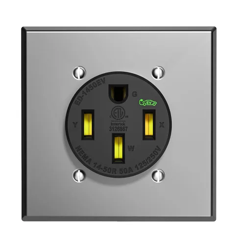 Vista 9 de Toma de corriente NEMA 14-50R de 50 amperios con placa de pared de acero inoxidable: 2.42 pulgadas de diámetro, abrazadera de latón en forma de U
