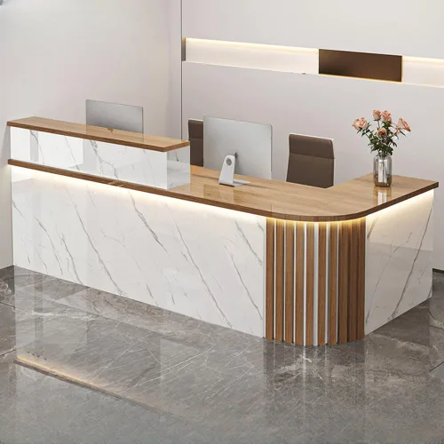 Vista 13 de LITFAD Recepción de computadora en forma de L - Escritorio de recepción de madera fabricada con gabinete, gestión de cables y bandeja para teclado
