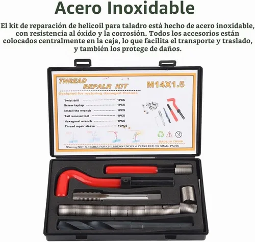 Vista 2 de Watris Veiyi Kit de reparación de roscas helicoidales de 15 piezas, insertos de rosca de acero inoxidable M14x1.5, kit surtido de reparación