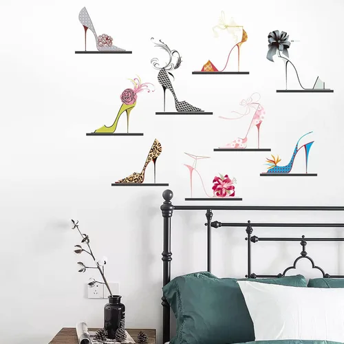 Vista 3 de Maydahui Calcomanías de pared de zapatos de tacón alto de colores modernos para mujer, zapatos de flores, tacones (32 x 30 pulgadas) para zapatos