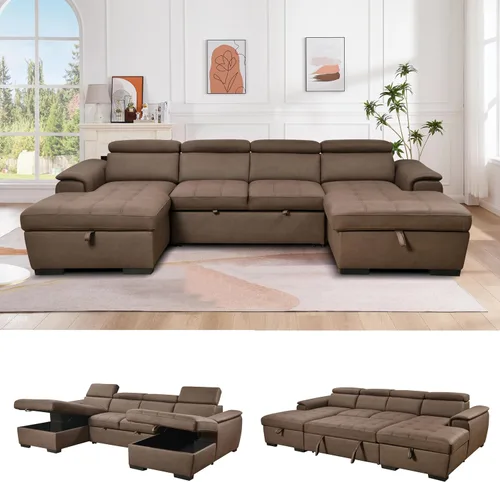 Vista 14 de THSUPER Sofá Seccional Reclinable en Forma de L de Microfibra de 104'', Sofá Cama con Cama Extraíble y Otomana de Almacenamiento, Sofás Convertibles