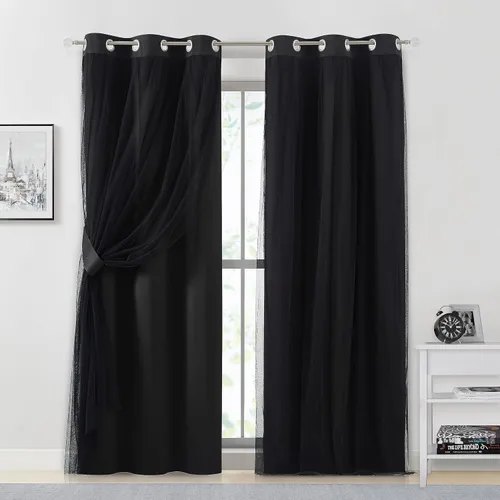 Vista 25 de Bujasso Cortinas 80% Opacas Beige con Superposición de Gasa Mezcla y Combinación Paneles de Ventana con Aislamiento Térmico de Doble Capa de 63