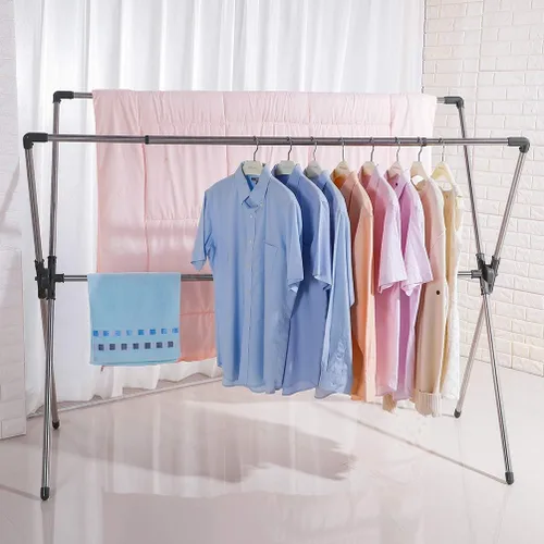 Vista 3 de BAOYOUNI Estante plegable de secado de ropa de acero inoxidable con doble poste, barras expandibles, ahorro de espacio, retráctil, resistente