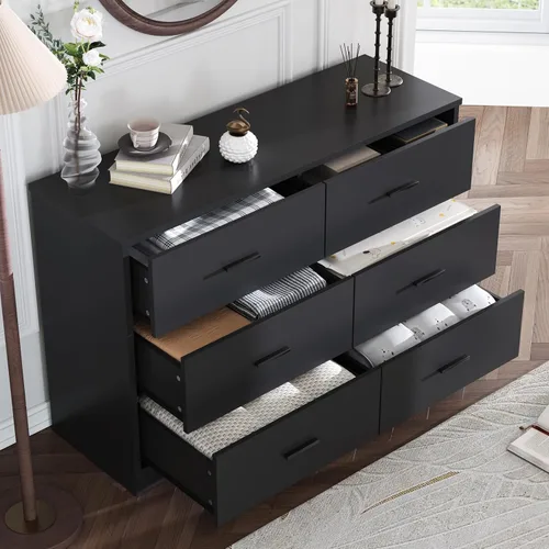 Vista 3 de LIDYUK Cómoda negra para dormitorio, cómoda de 6 cajones y cómodas, cómoda de madera moderna, cómoda de 48 pulgadas de ancho para dormitorio