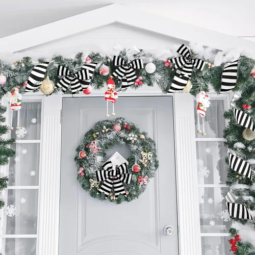 Vista 7 de Syhood - 20 yardas 2 rollos de cinta negra y blanca, cinta decorativa de rayas horizontales de Navidad, cinta espiral con alambre para decoración