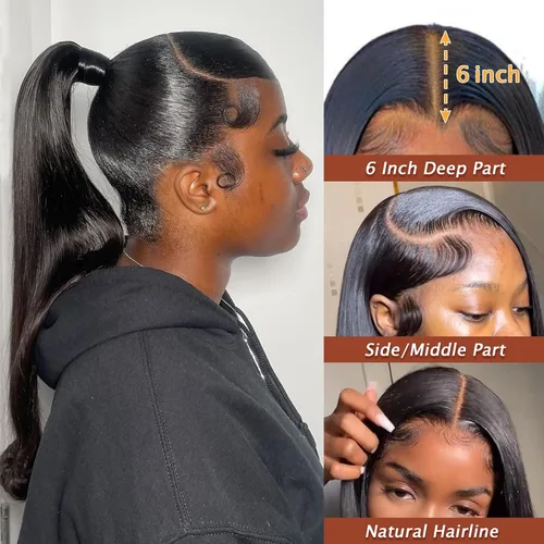 Vista 3 de Pelucas de encaje frontal de 13 x 6 pulgadas, pelucas de cabello negro natural, pelucas de encaje frontal sin pegamento, pelucas de encaje frontal