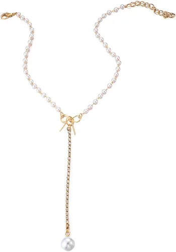 Vista 4 de Collares para mujer, collar de perlas de oro rosa, collar de perlas de moda simple lazo clavícula colgante collares y colgantes (oro, talla única)