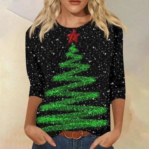 Vista 3 de Funny Christmas Shirts, Women's Fashion T-Shirt Round Neck Casual 34 Sleeve Tops Daily Casual Christmas Print Top