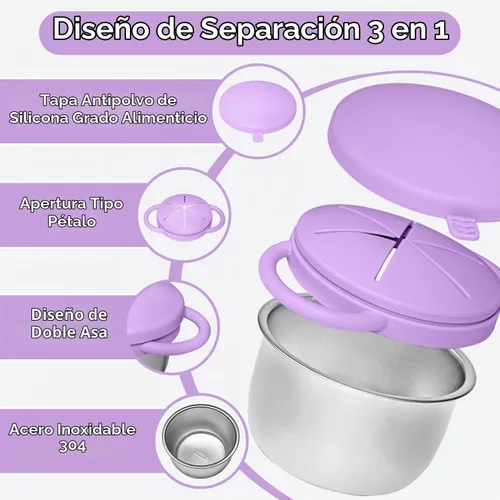 Vista 2 de 2 Pack de contenedores de aperitivos para bebé de acero inoxidable para niños con tapas y asas de silicona a prueba de derrames de grado alimenticio