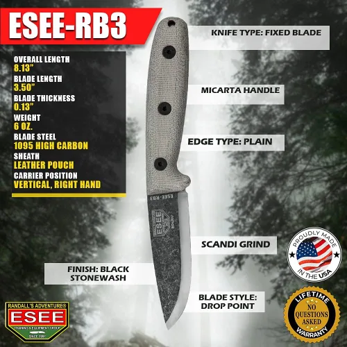 Vista 4 de ESEE RB3 Reuben Bolieu Cuchillo de supervivencia de hoja fija, funda de cuero, fabricado en Estados Unidos