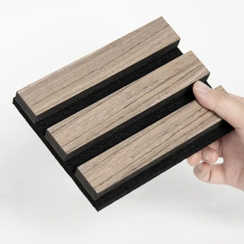 Vista 16 de SMARTSTANDARD Paneles de pared acústicos de muestra en madera, panel de pared insonorizado, panelado de listones de madera estriado en 3D para Roble