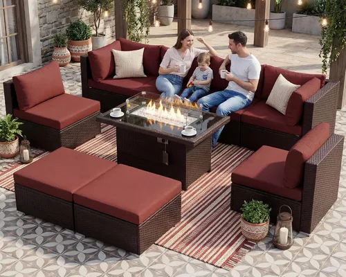 Vista 97 de NICESOUL Juego de muebles de patio de ratán extra grande con mesa para fogata de gas y propano, 29.3 pulgadas, respaldo alto, cómodos conversaciones