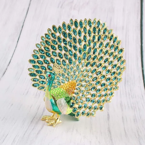 Vista 4 de Xinkulas Joyero de pavo real, estatuilla esmaltada con bisagras pintada a mano, decoración de recuerdo (verde)