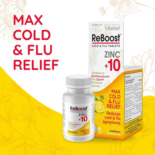 Vista 3 de MediNatura ReBoost - Tabletas de zinc +10 para resfriado y gripe, alivio multisíntoma para dolores corporales, dolor de cabeza, tos, secreción