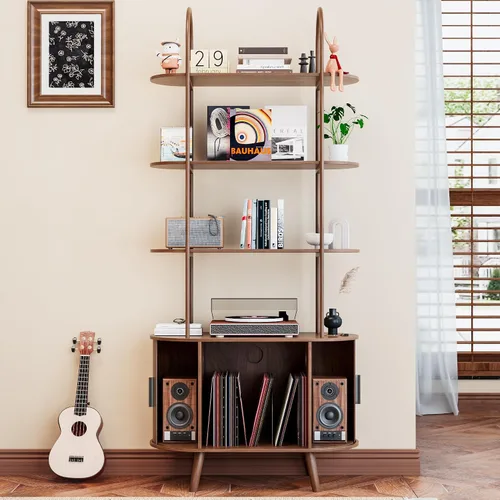 Vista 3 de Soporte Alto para Tocadiscos de Vinilo, Estantería de 4 Niveles con Puertas Corredizas, Gabinete Retro Pequeño para Almacenamiento de Discos